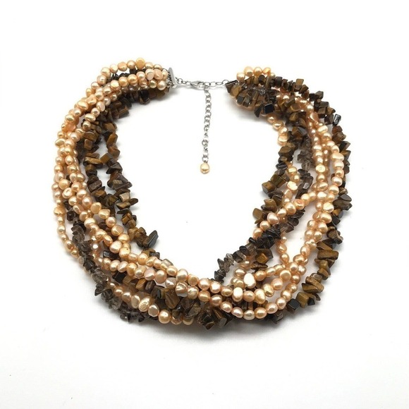 925 Sterling Silver Vintage Multi-Strand Gemstone Pearl Tiger's Eye Necklace - Picture 4 of 10